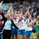 The England women's national team celebrates their UEFA Women's Euro 2025 victory after the end of the game at St. Jakob-Park in Basel, Switzerland on July 27 2025.