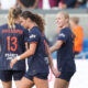 Bay FC teammates celebrate with Penelope Hocking after she scores against Angel City on May 17, 2025.