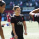 Pietra Tordin celebrates with her teammates after the Portland Thorns' victory over the Seattle Reign in Portland, OR on August 10, 2025.